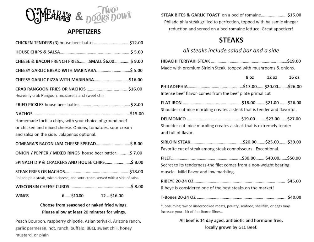 O'Meara's and Two Doors Down Menu image 2